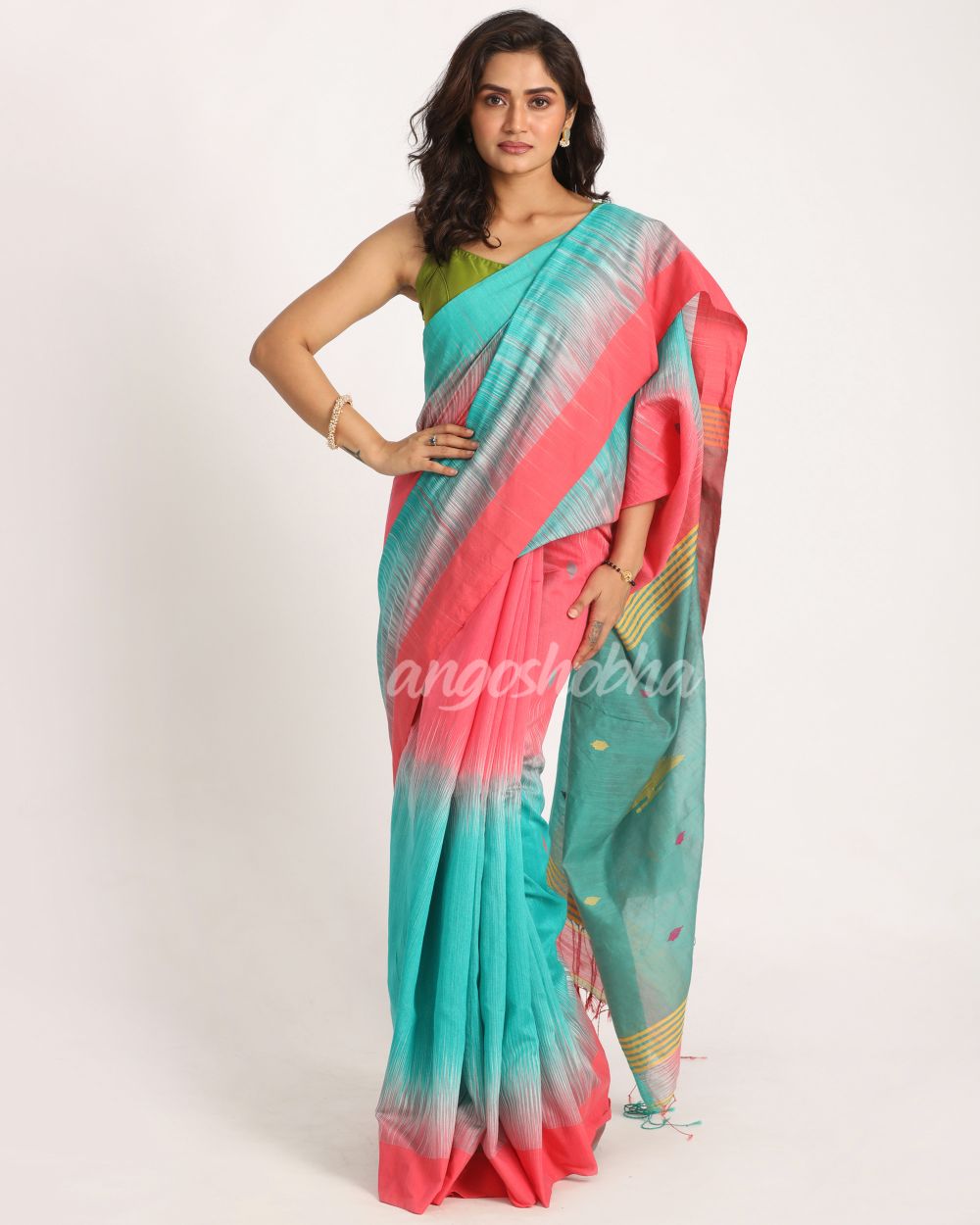 Brink Pink Cotton Blend Handloom Tie Dye Jamdani Saree angoshobha