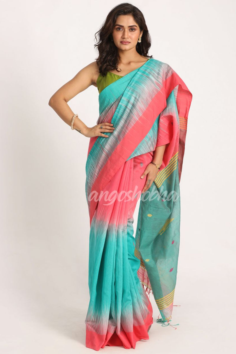 Brink Pink Cotton Blend Handloom Tie Dye Jamdani Saree