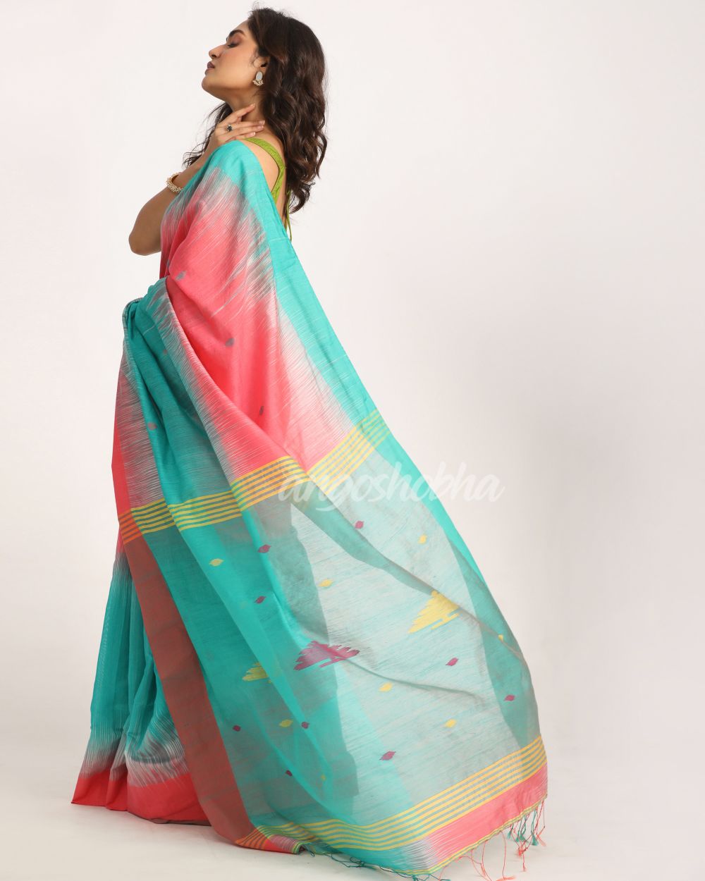 Brink Pink Cotton Blend Handloom Tie Dye Jamdani Saree angoshobha