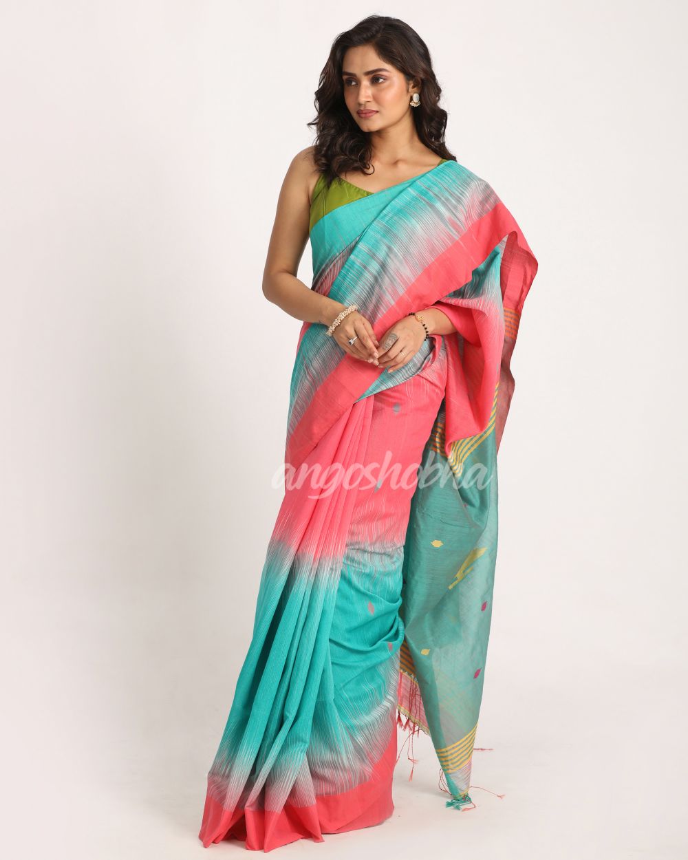 Brink Pink Cotton Blend Handloom Tie Dye Jamdani Saree angoshobha