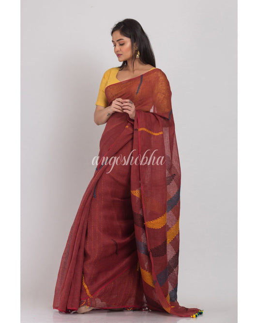 Brown Handloom Linen Saree angoshobha