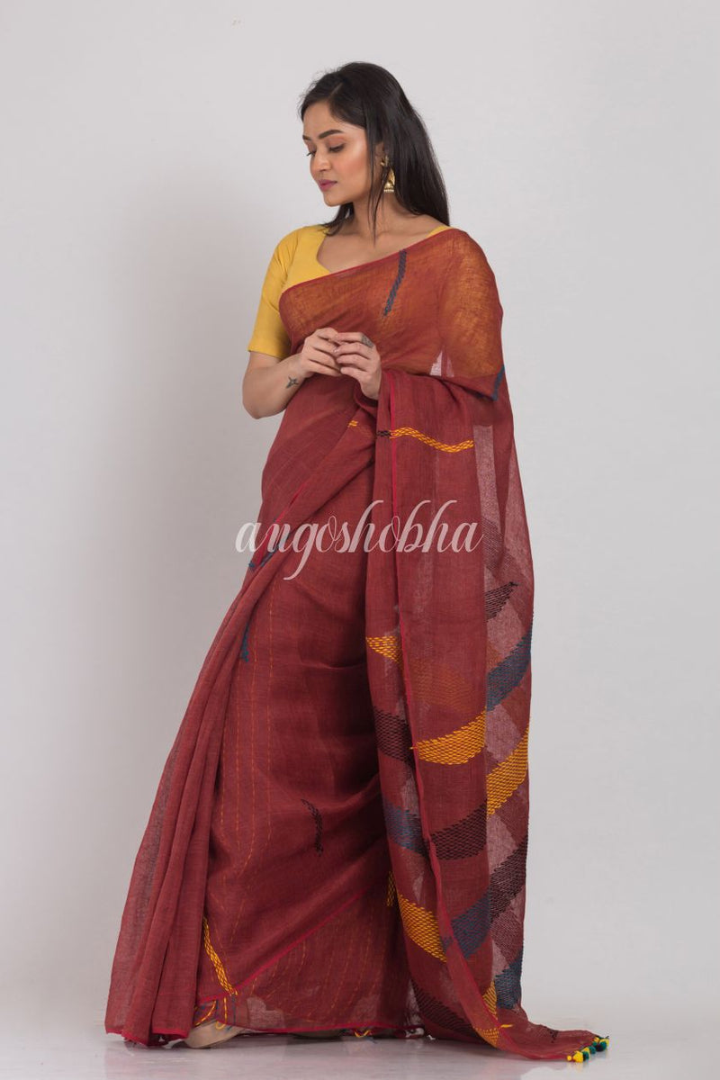 Brown Handloom Linen Saree