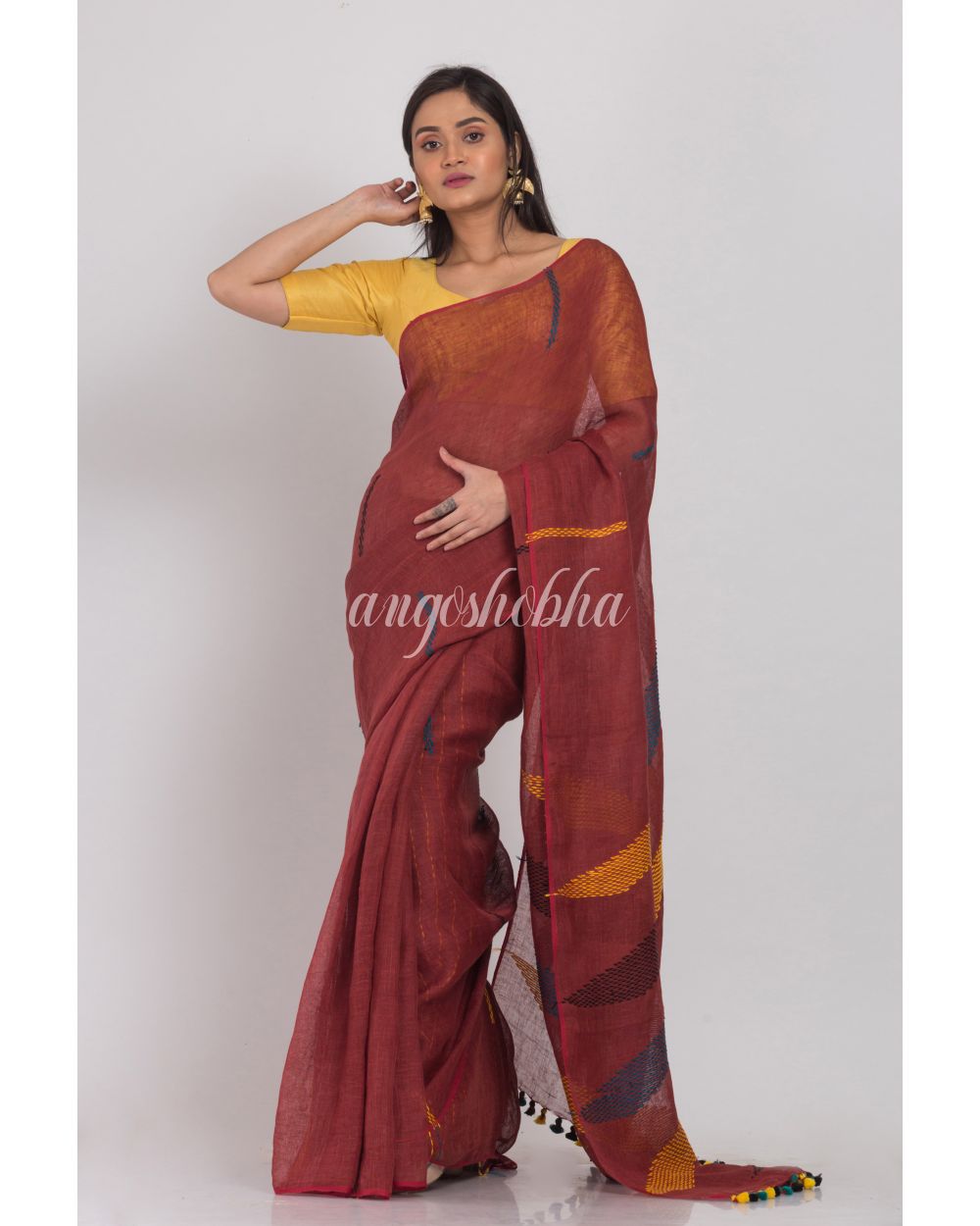 Brown Handloom Linen Saree angoshobha