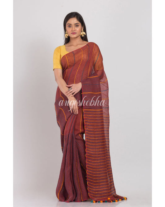 Brown Handloom Linen Saree angoshobha