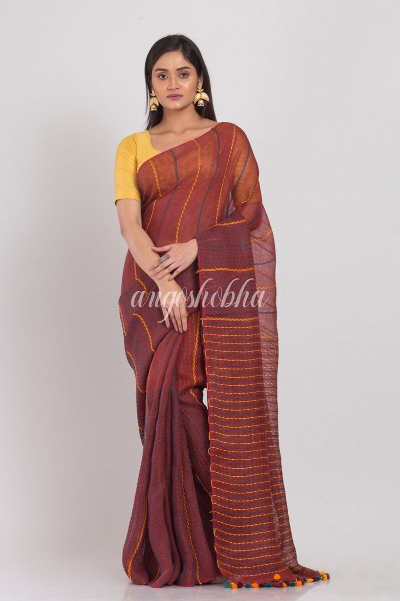 Brown Handloom Linen Saree