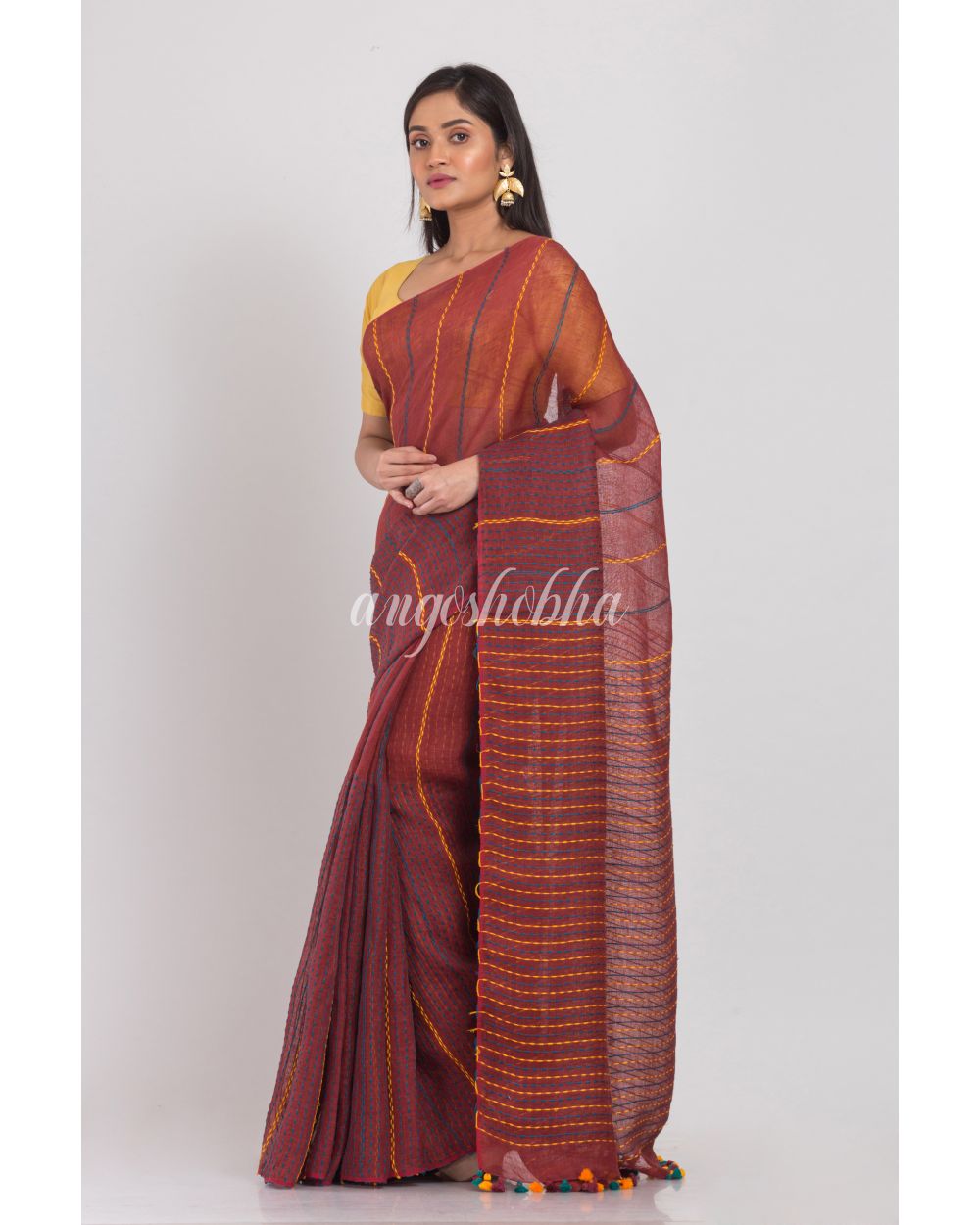 Brown Handloom Linen Saree angoshobha