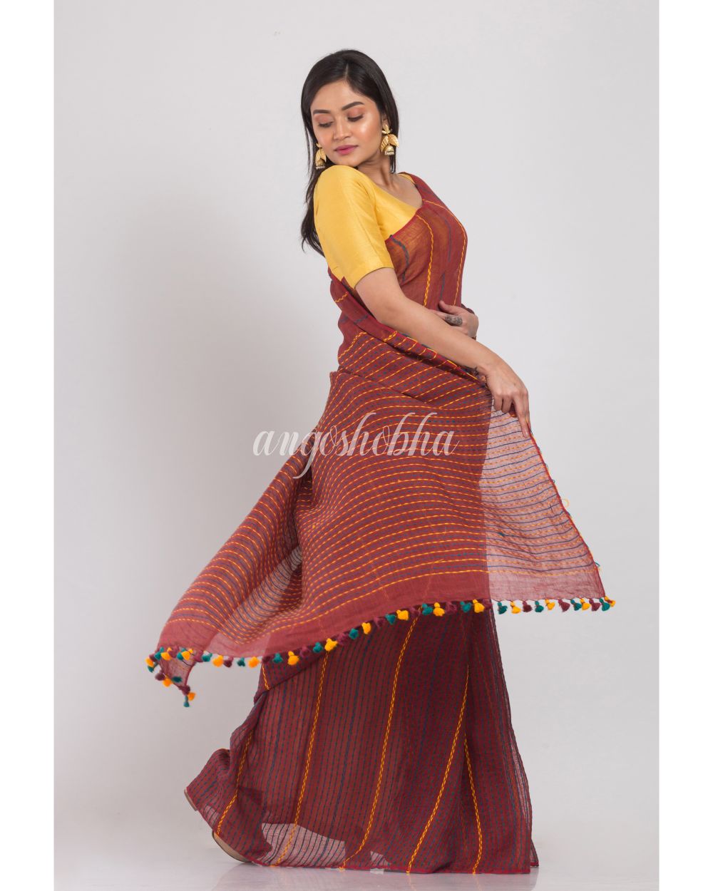 Brown Handloom Linen Saree angoshobha