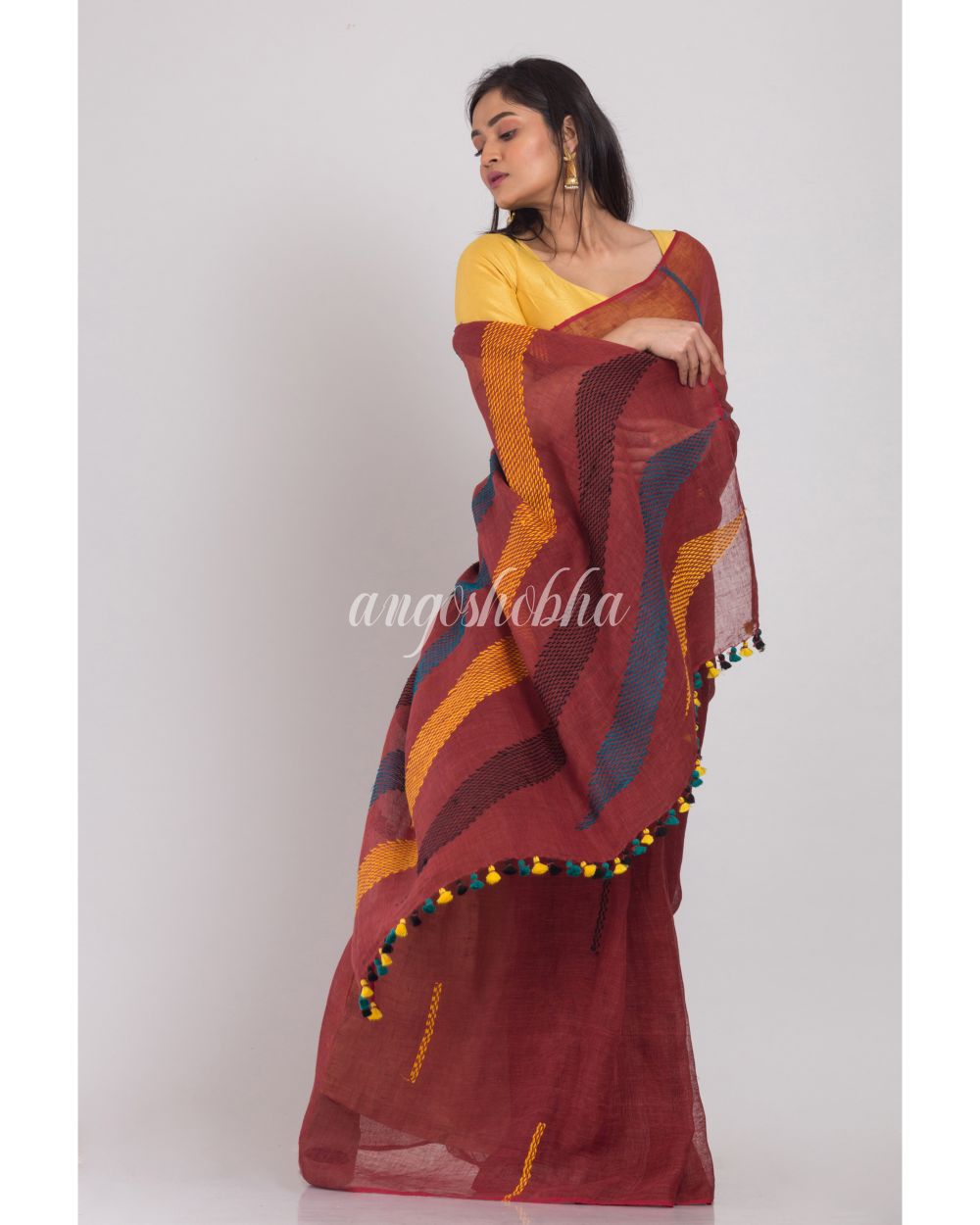 Brown Handloom Linen Saree angoshobha