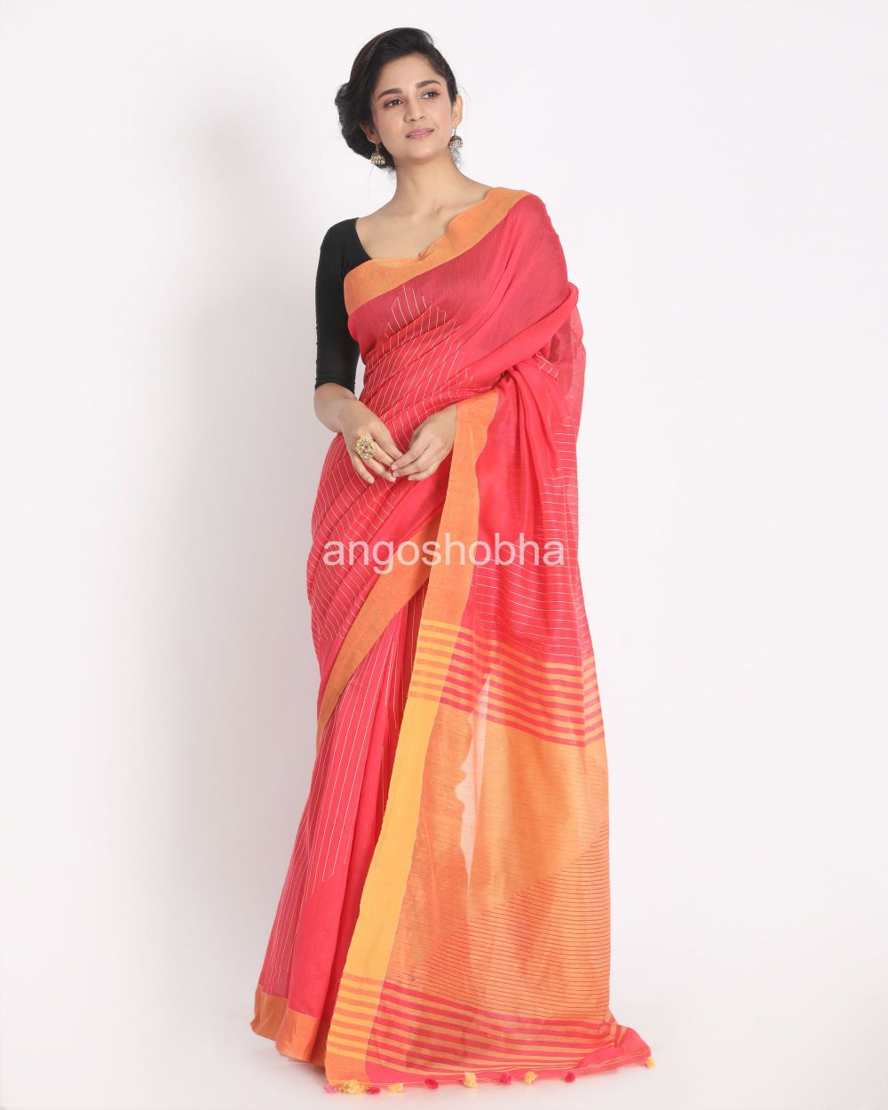 Candy Red Handloom Cotton Blend Saree angoshobha