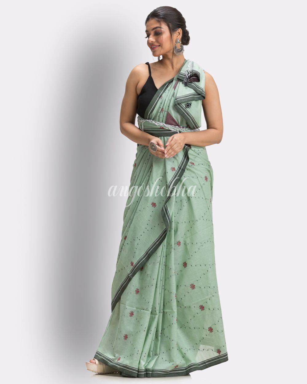 Celadon green Handloom Cotton Jamdani saree angoshobha