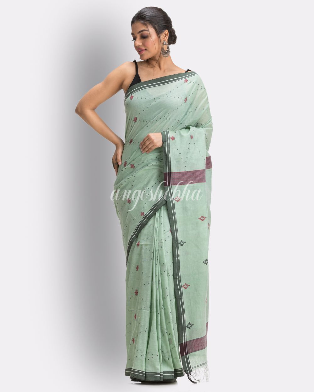 Celadon green Handloom Cotton Jamdani saree angoshobha