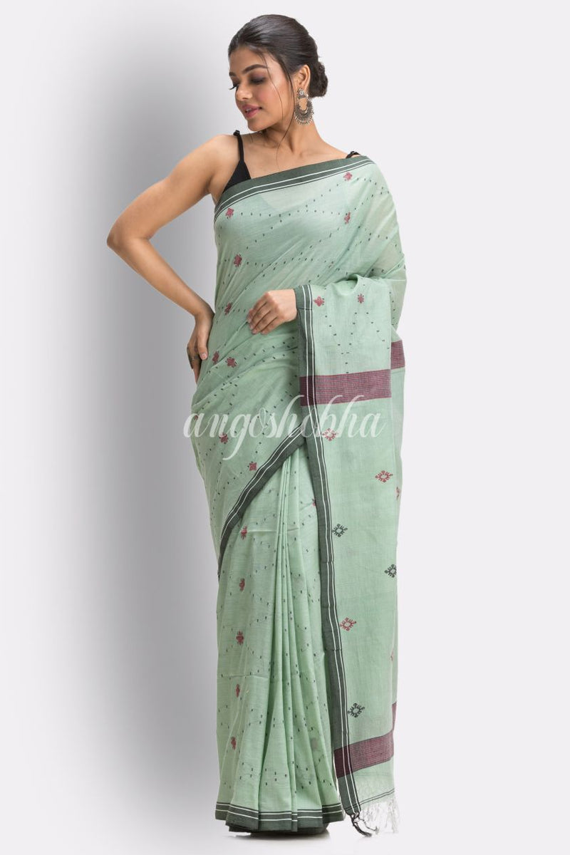 Celadon green Handloom Cotton Jamdani saree