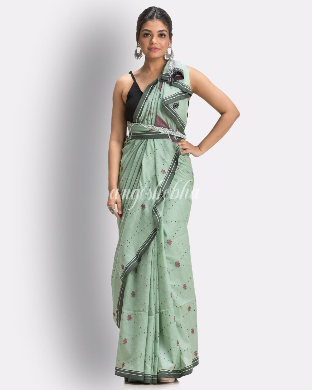 Celadon green Handloom Cotton Jamdani saree angoshobha