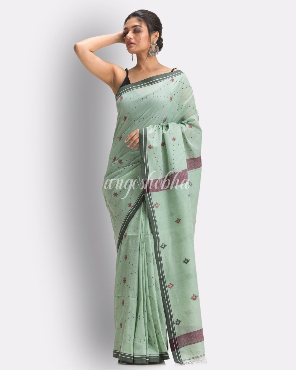 Celadon green Handloom Cotton Jamdani saree angoshobha