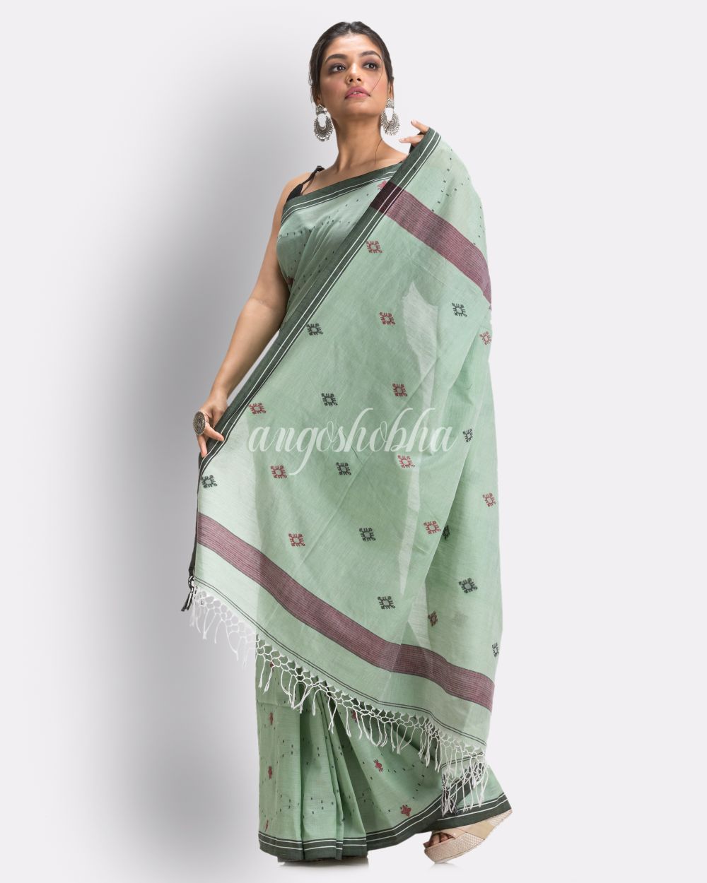 Celadon green Handloom Cotton Jamdani saree angoshobha