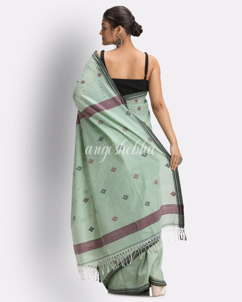 Celadon green Handloom Cotton Jamdani saree angoshobha