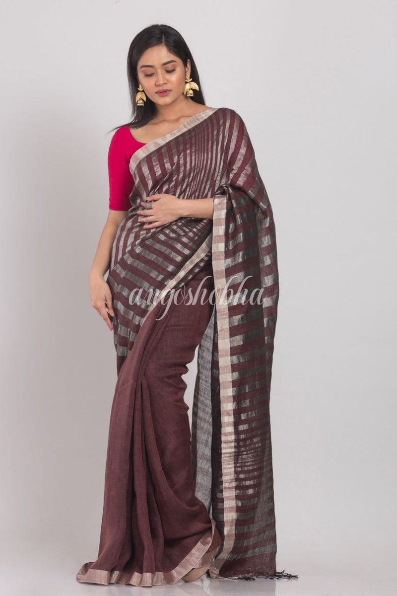 Coffee Handloom Linen Saree