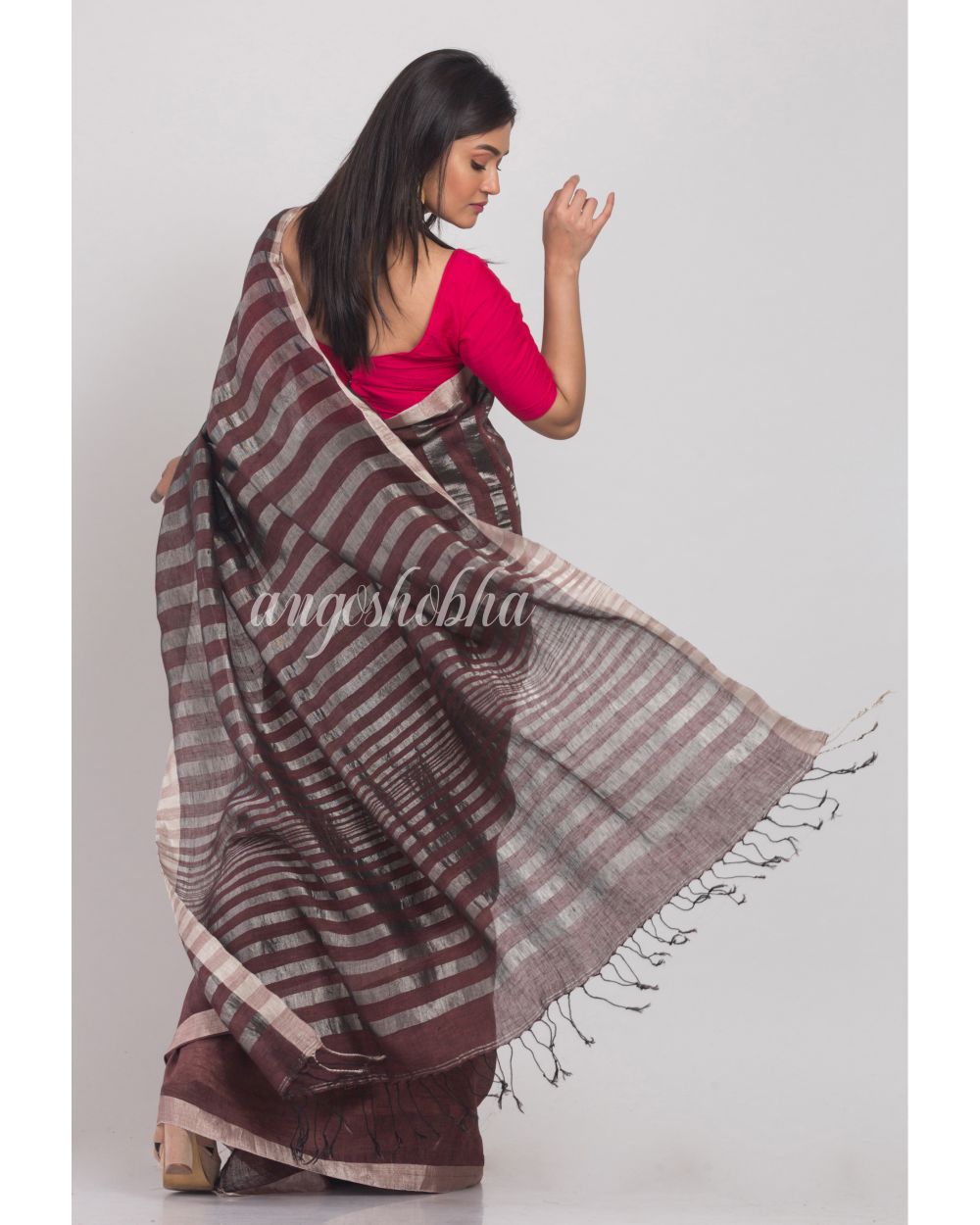 Coffee Handloom Linen Saree angoshobha