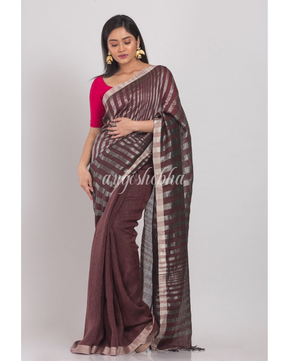 Coffee Handloom Linen Saree angoshobha