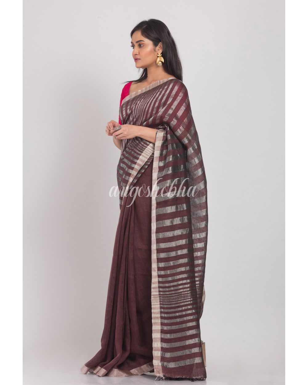 Coffee Handloom Linen Saree angoshobha