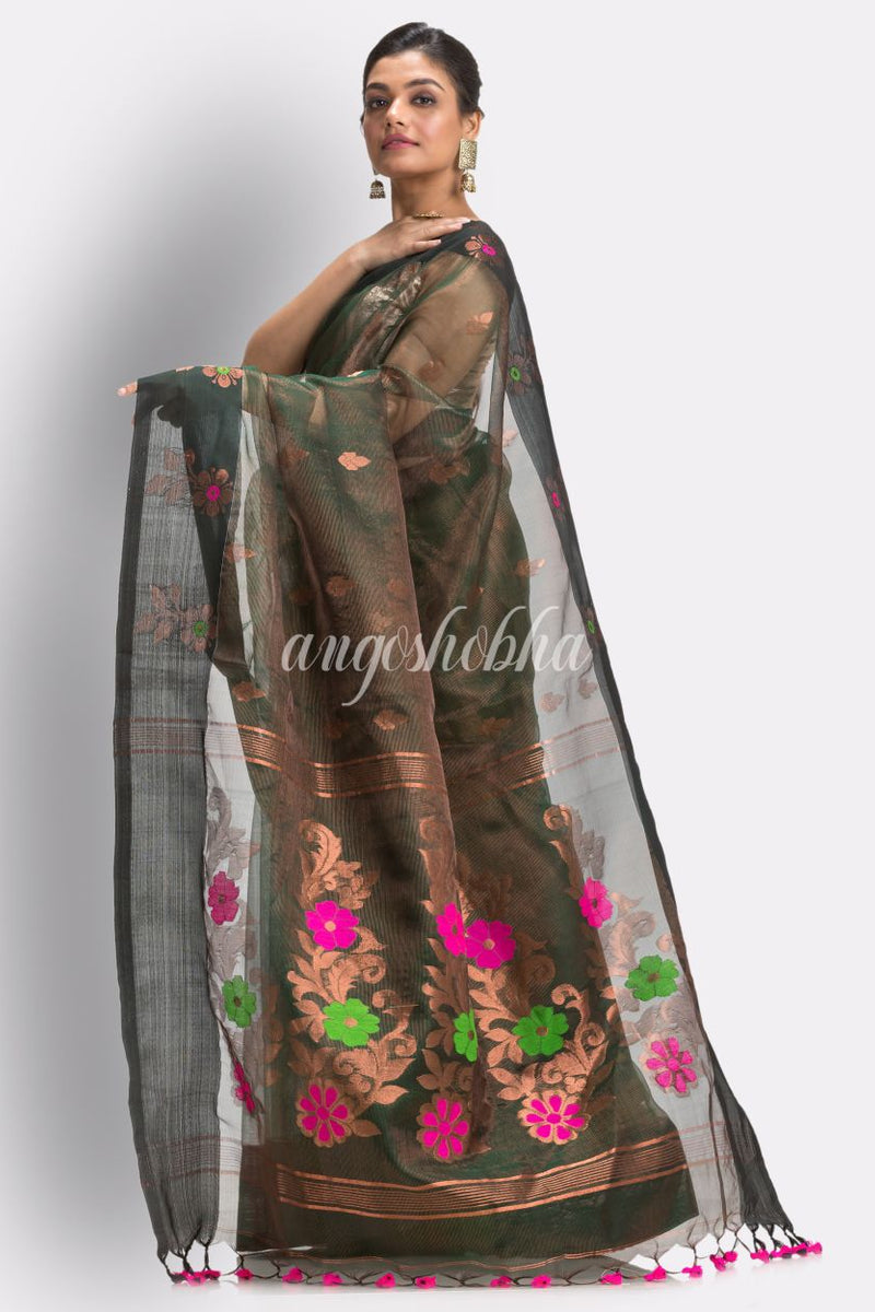 Copper Dark Green Art Silk Muslin Handloom Jamdani Saree