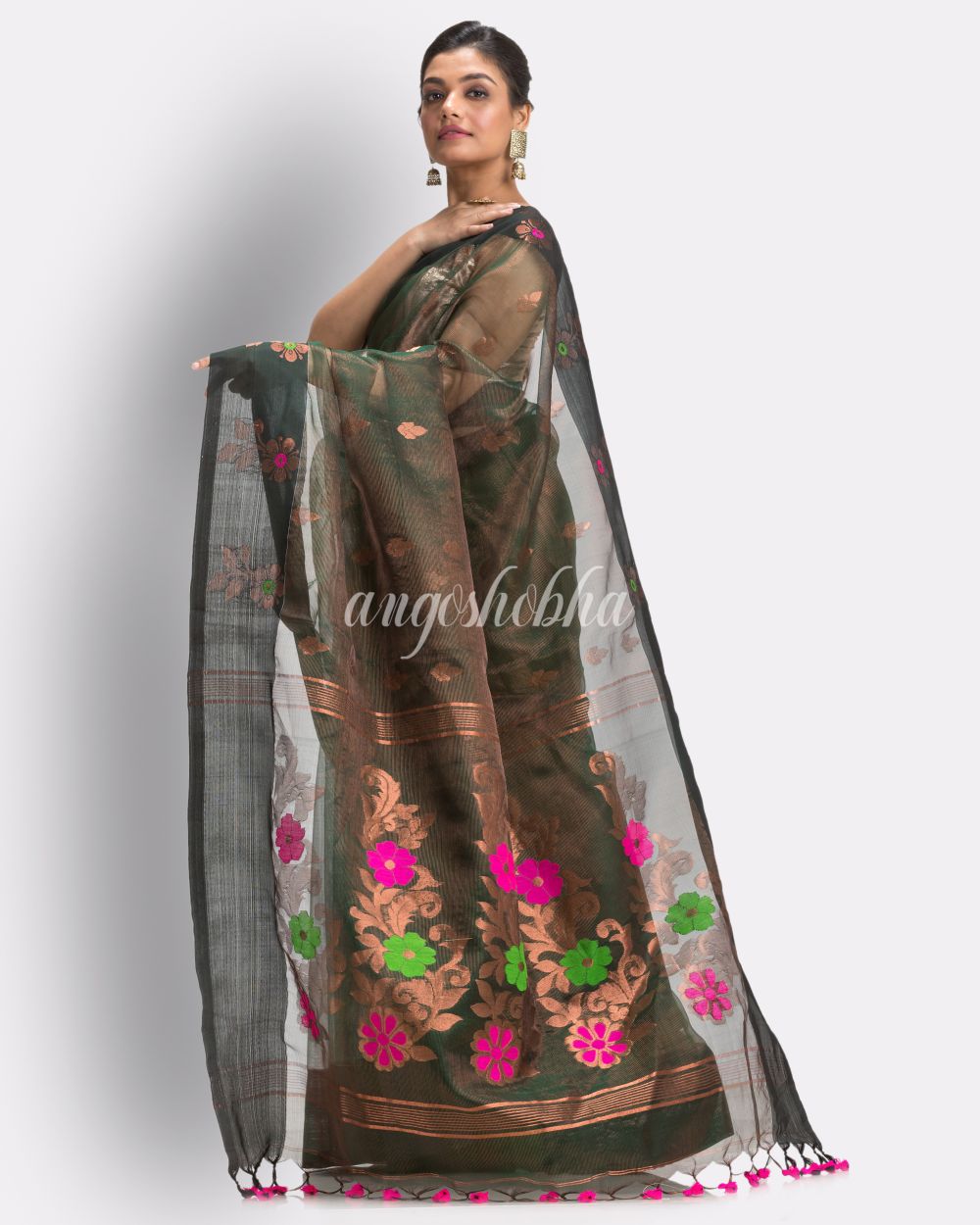 Copper Dark Green Art Silk Muslin Handloom Jamdani Saree angoshobha