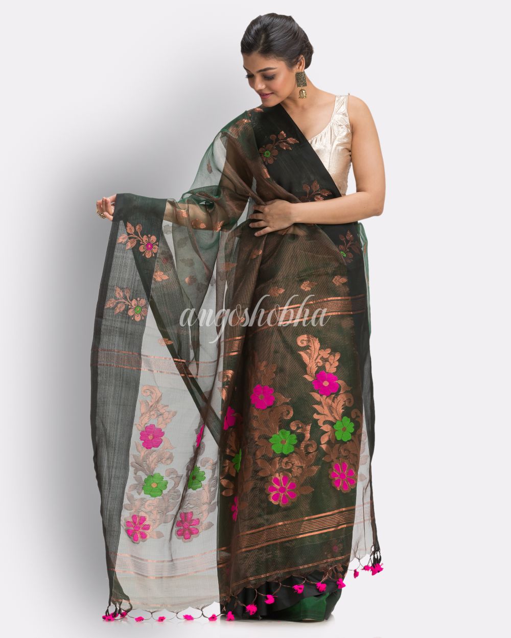 Copper Dark Green Art Silk Muslin Handloom Jamdani Saree angoshobha