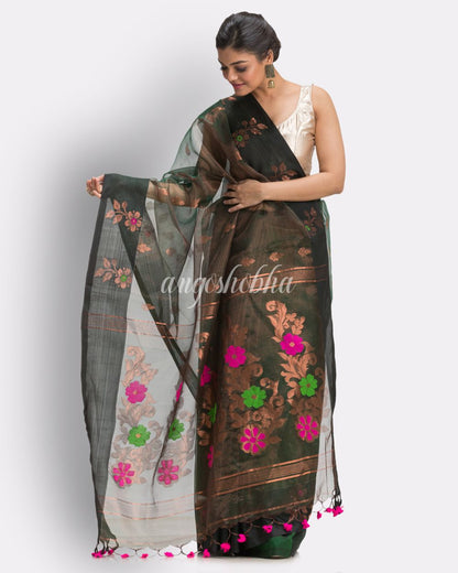 Copper Dark Green Art Silk Muslin Handloom Jamdani Saree angoshobha