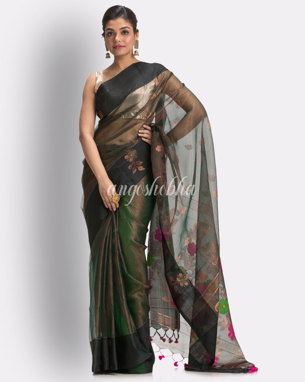 Copper Dark Green Art Silk Muslin Handloom Jamdani Saree angoshobha