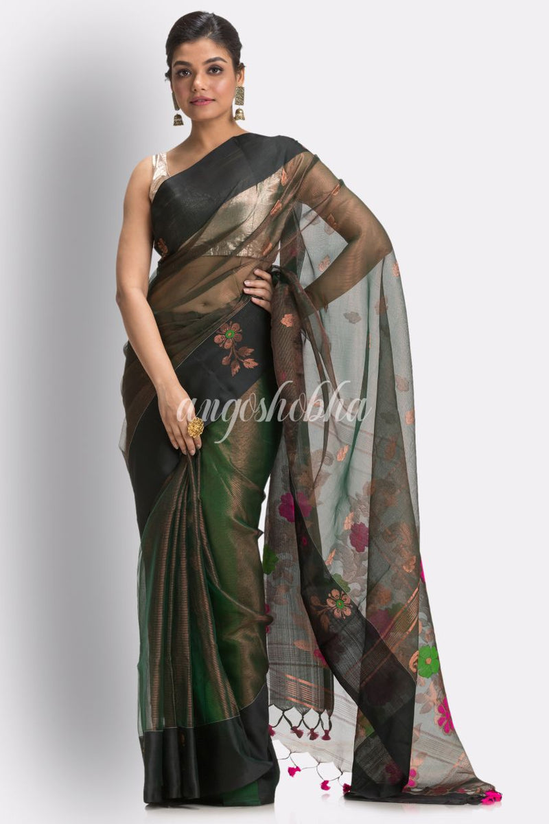 Copper Dark Green Art Silk Muslin Handloom Jamdani Saree