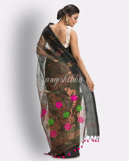 Copper Dark Green Art Silk Muslin Handloom Jamdani Saree angoshobha