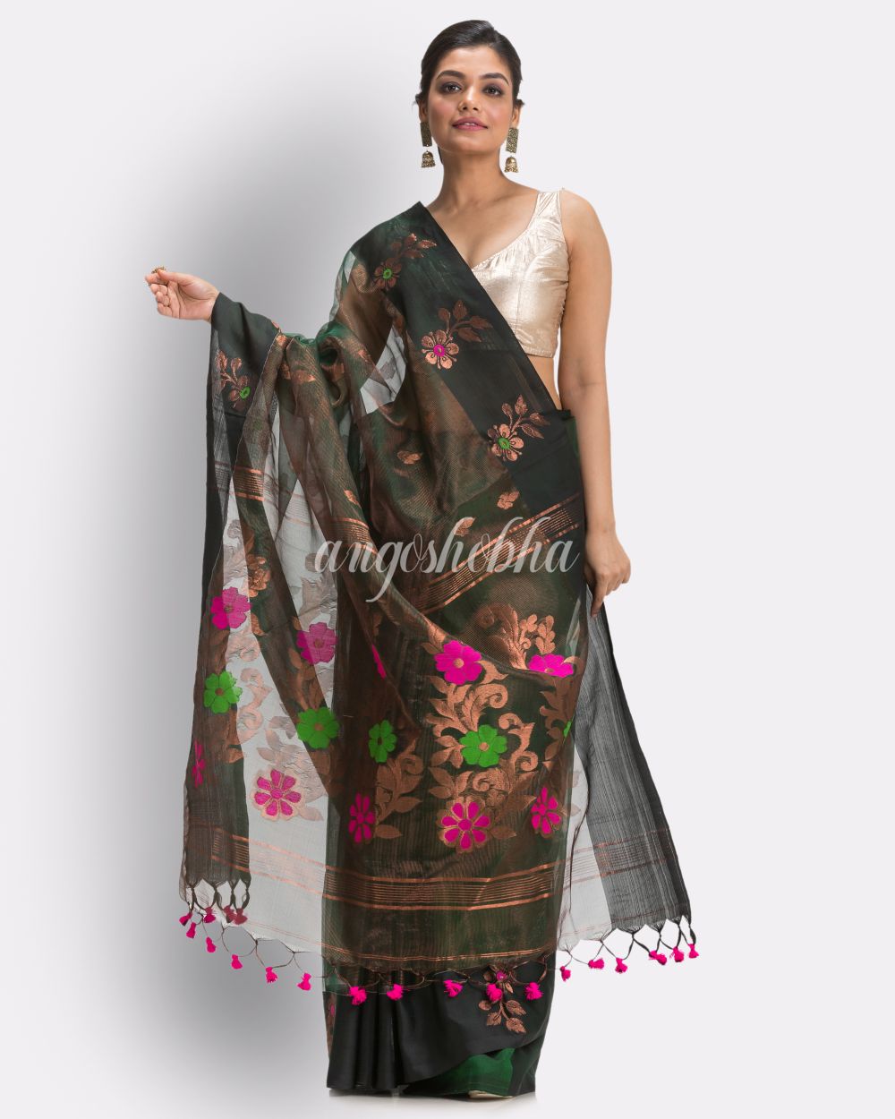 Copper Dark Green Art Silk Muslin Handloom Jamdani Saree angoshobha