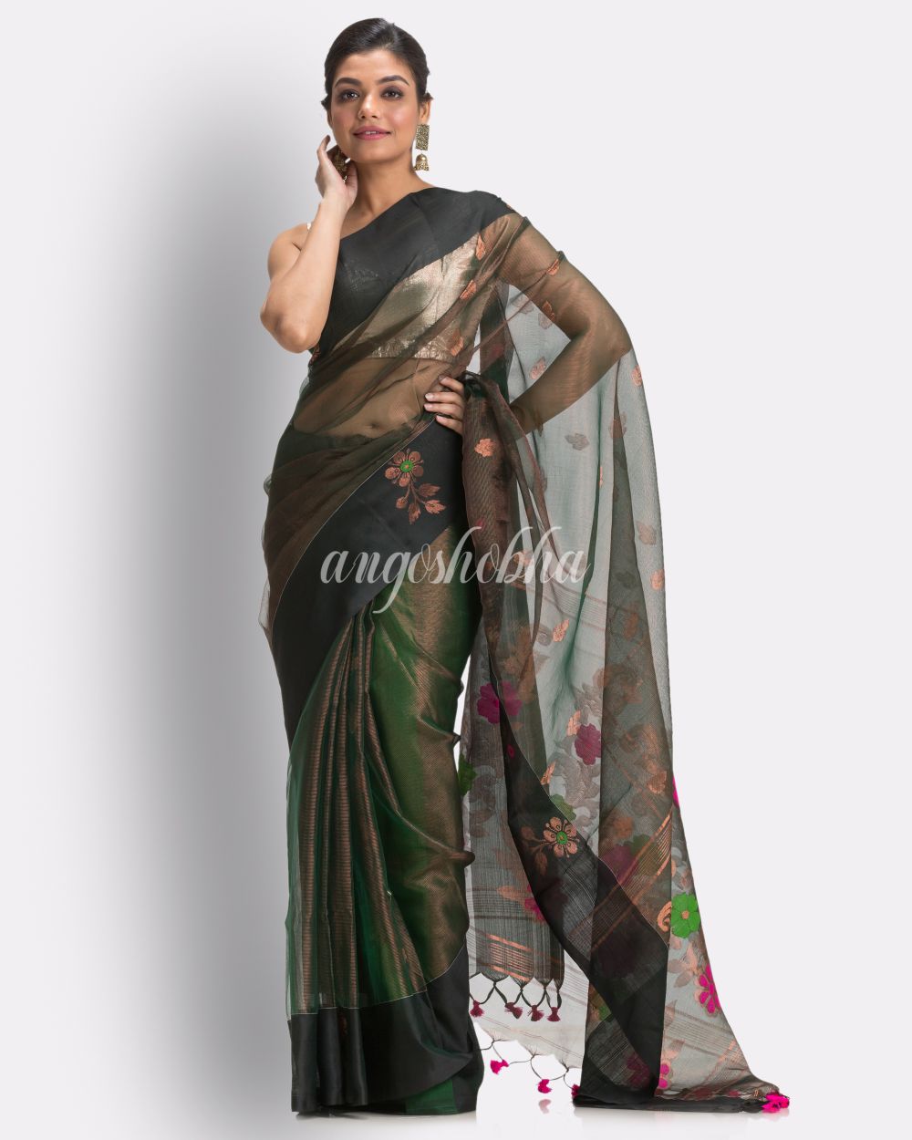 Copper Dark Green Art Silk Muslin Handloom Jamdani Saree angoshobha