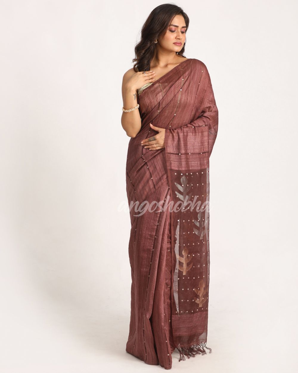 Copper Rose Matka Silk Handloom Traditional  Sequin Jamdani Saree angoshobha