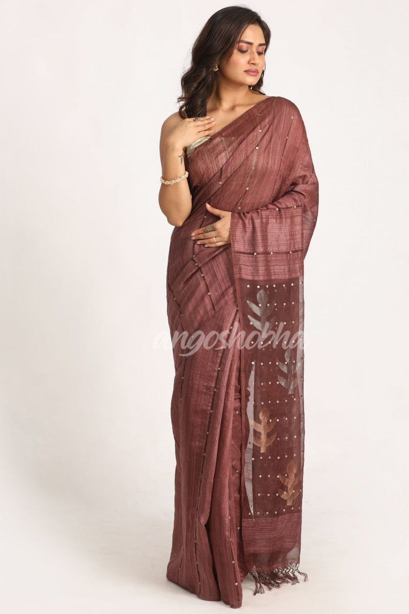 Copper Rose Matka Silk Handloom Traditional  Sequin Jamdani Saree