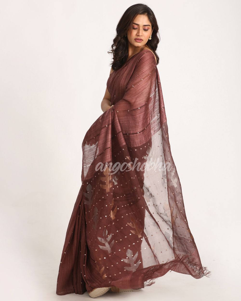 Copper Rose Matka Silk Handloom Traditional  Sequin Jamdani Saree angoshobha