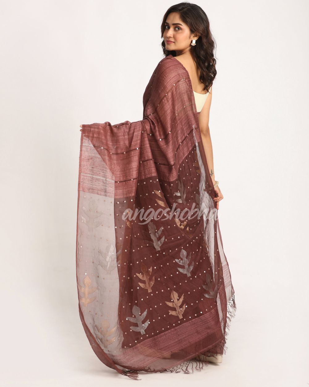 Copper Rose Matka Silk Handloom Traditional  Sequin Jamdani Saree angoshobha