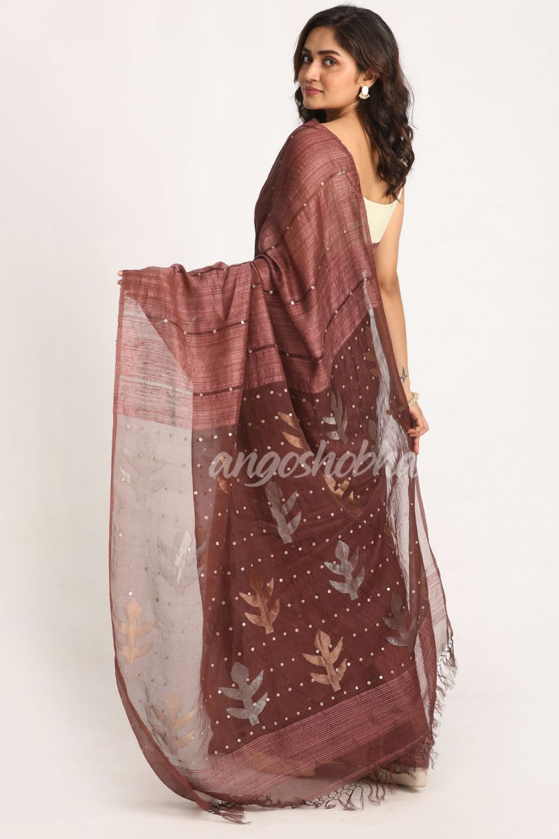 Copper Rose Matka Silk Handloom Traditional  Sequin Jamdani Saree