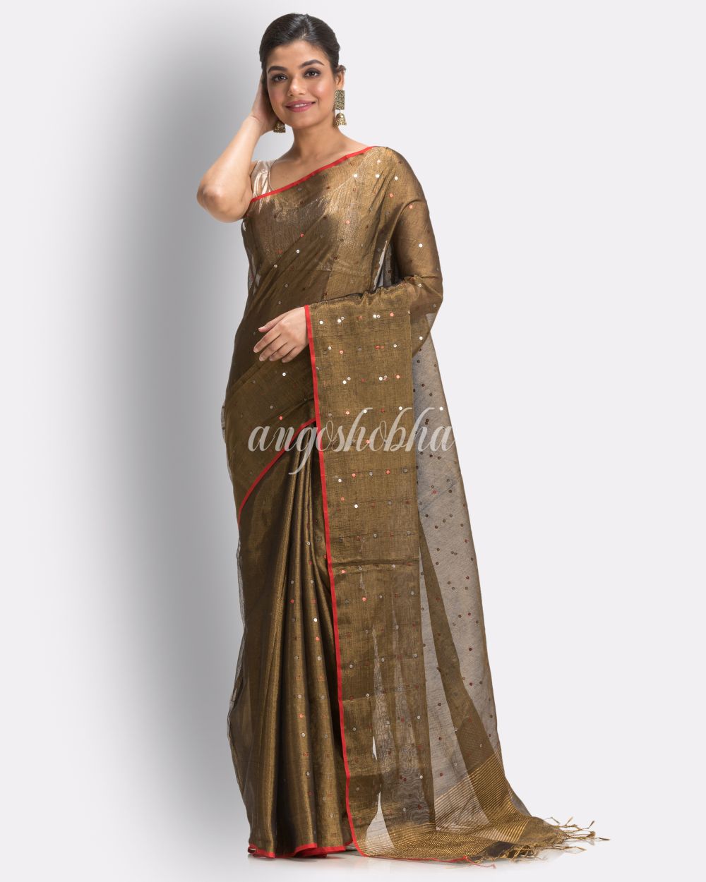 Coppre Black Handloom Zari Cotton Tissue Saree angoshobha