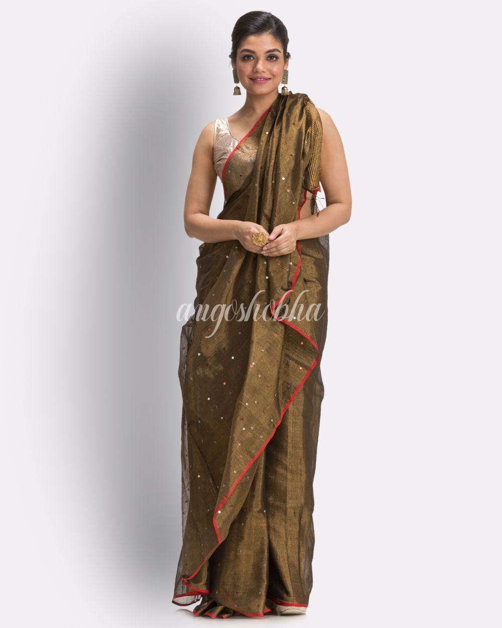 Coppre Black Handloom Zari Cotton Tissue Saree angoshobha