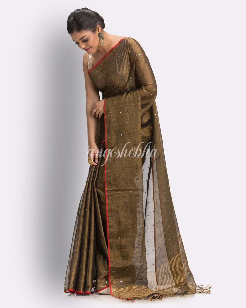 Coppre Black Handloom Zari Cotton Tissue Saree angoshobha