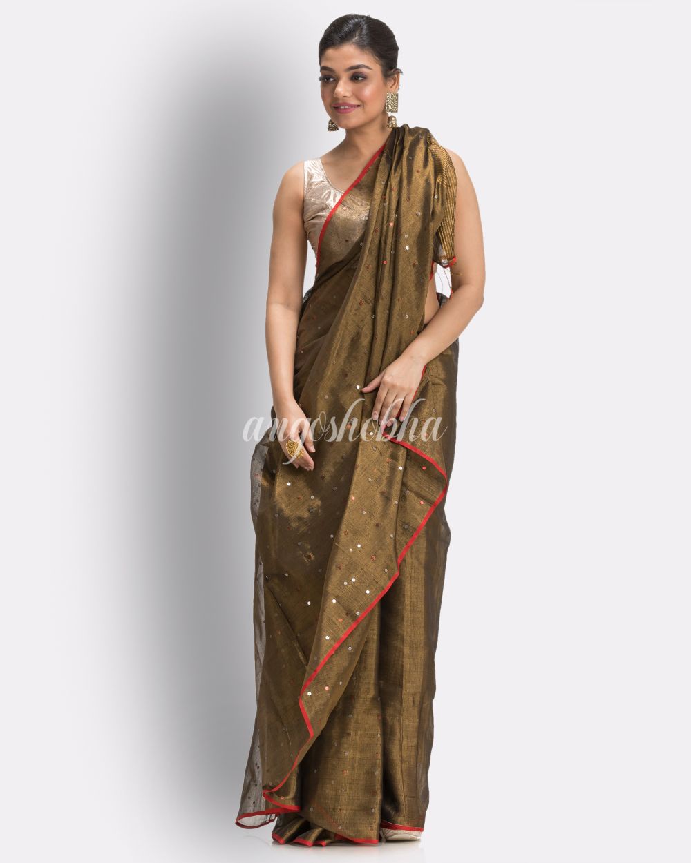 Coppre Black Handloom Zari Cotton Tissue Saree angoshobha