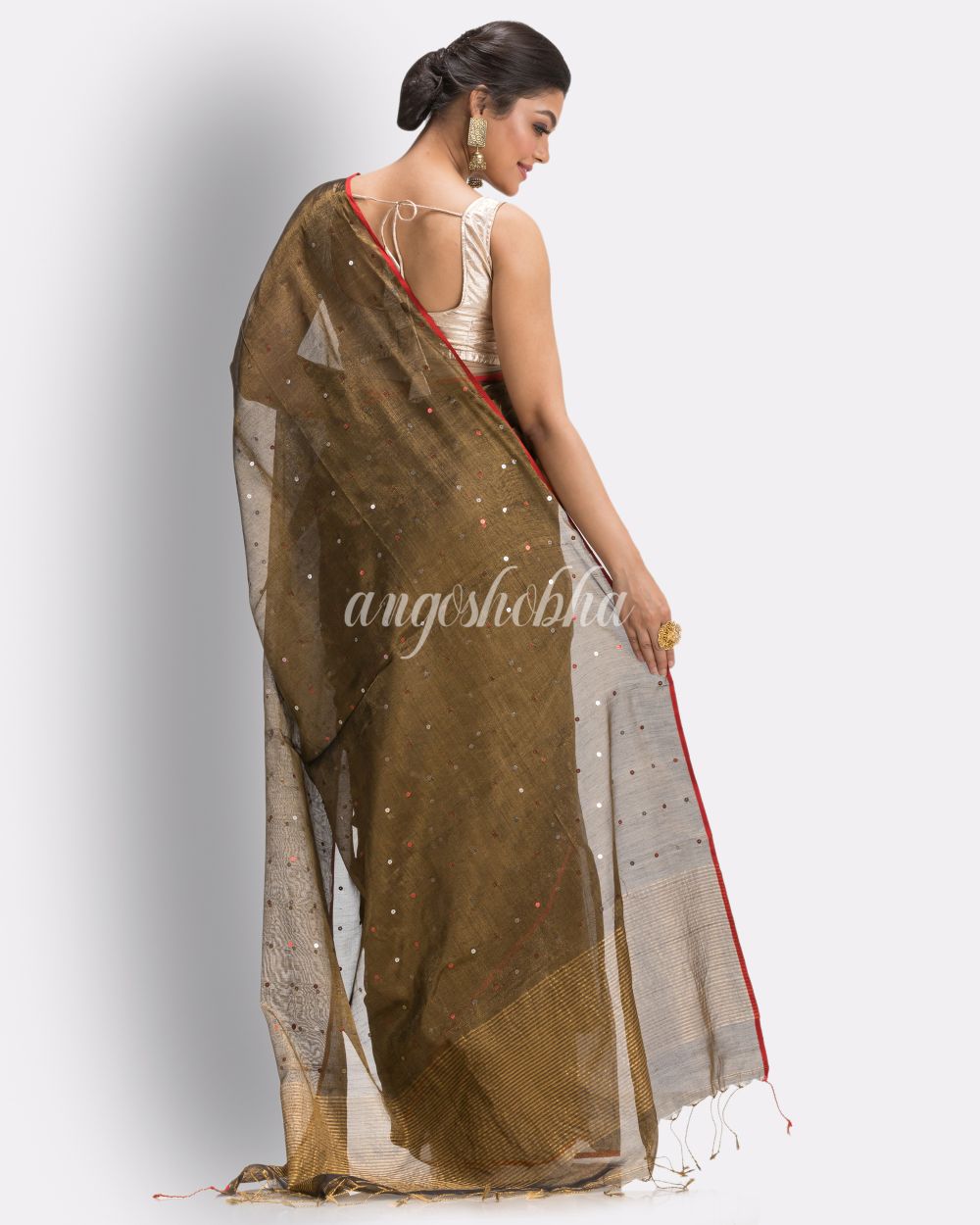 Coppre Black Handloom Zari Cotton Tissue Saree angoshobha