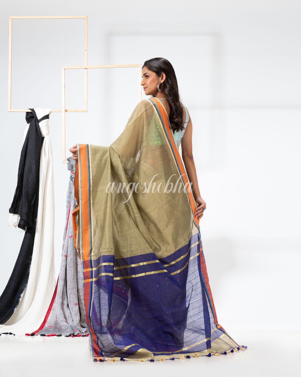 Cotton Blend Beige Handloom Saree angoshobha