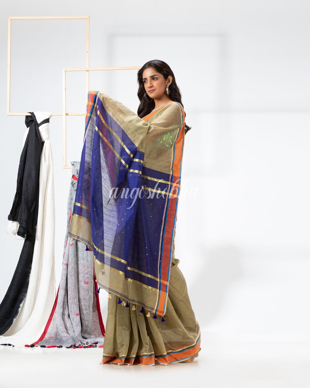 Cotton Blend Beige Handloom Saree angoshobha
