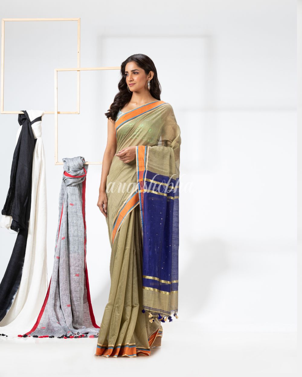 Cotton Blend Beige Handloom Saree angoshobha
