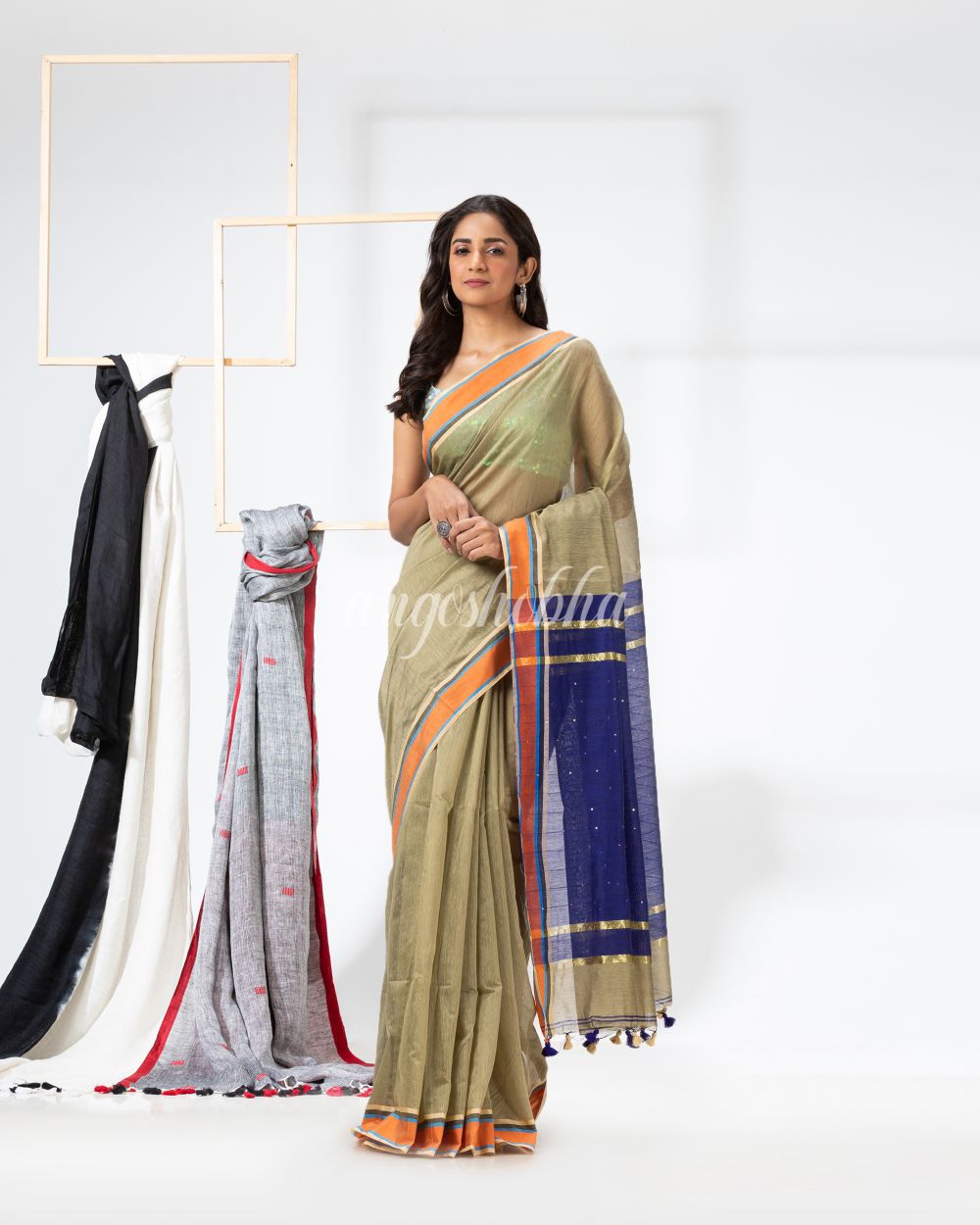 Cotton Blend Beige Handloom Saree angoshobha