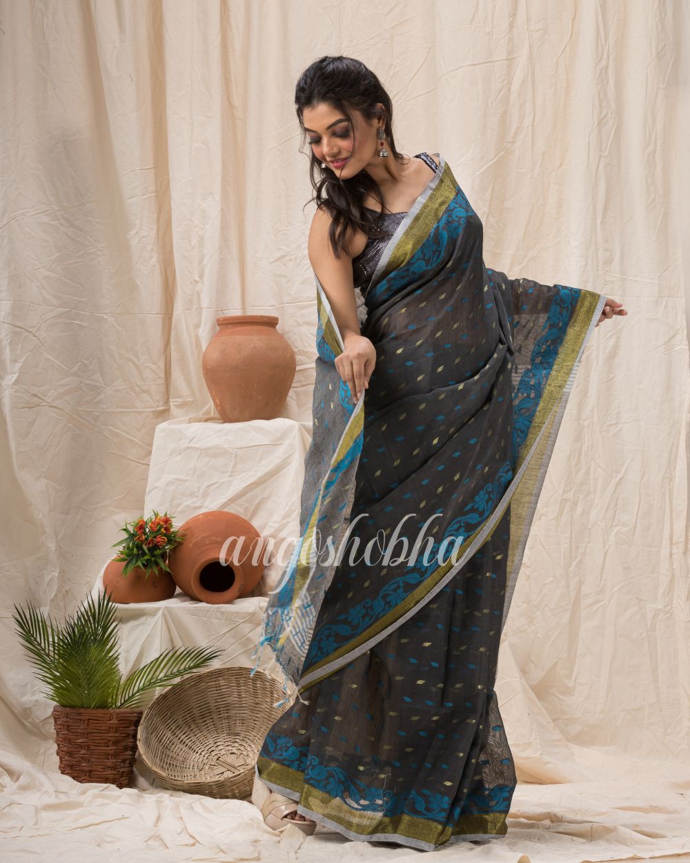 Cotton Blend Dark Ass Handloom Saree angoshobha