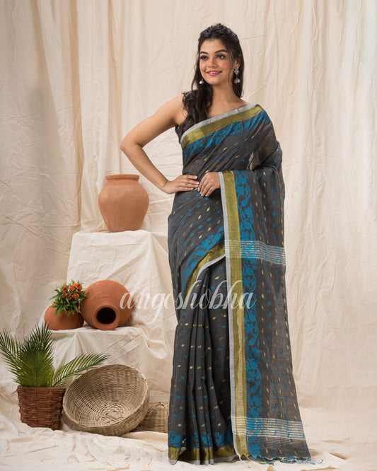 Cotton Blend Dark Ass Handloom Saree angoshobha