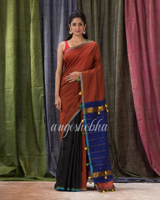 Cotton Blend Maroon Black Handloom Saree angoshobha